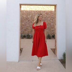 ASTR Bow Smocked Bodice Midi Dress in Red